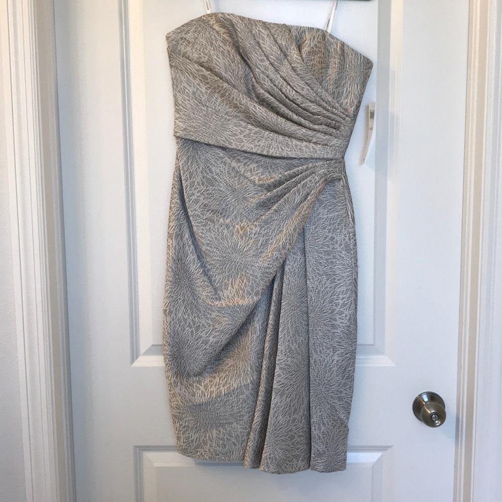 Silver ruched side waist strapless cocktail dress